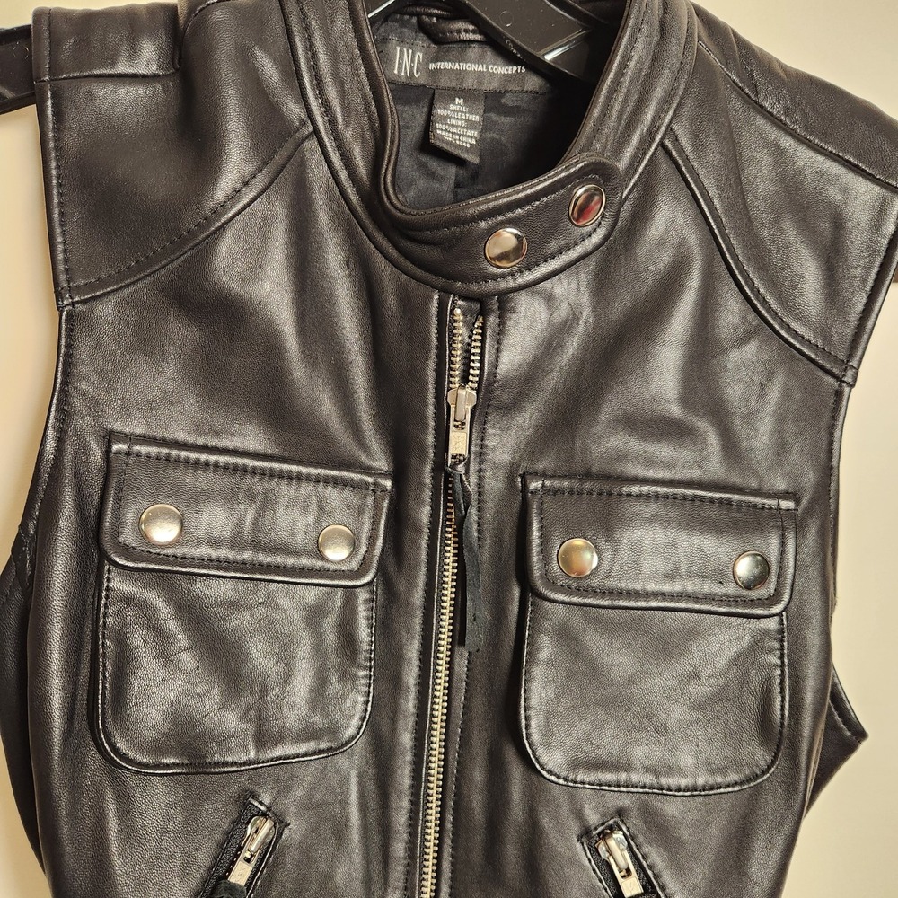 INC International Concept Black Leather Belted Moto Vest Medium Utility Gorpcore
